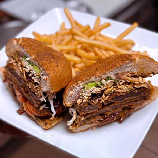 A large sandwich, cut in half, with layers of meat, avocado, and shredded toppings, served with fries.